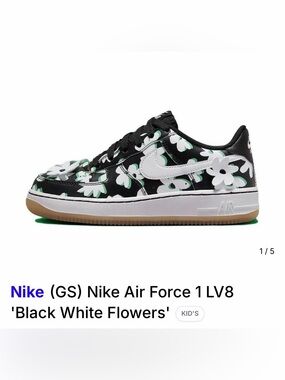 Nike Kids Black White Floral Air Force 1 LV8 Sneakers size 9C